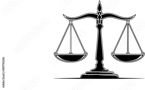 Justice scale silhouette representing legal balance equality and law court fairness – Black and White Vector Illustration