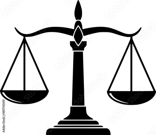 Justice scale silhouette representing legal balance equality and law court fairness – Black and White Vector Illustration