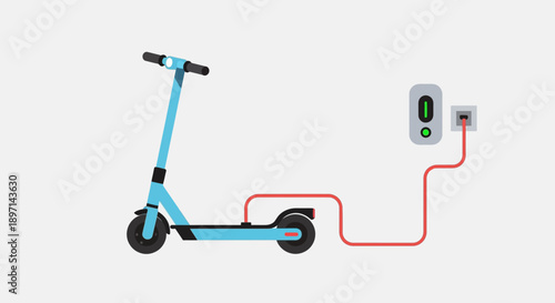 Electric scooter charging from a wall socket with a red cable.