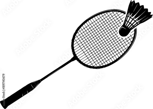 Dynamic badminton player action line art featuring racket strike and shuttlecock for agility and sports technique – Black Vector Illustration