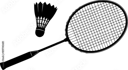 Dynamic badminton player action line art featuring racket strike and shuttlecock for agility and sports technique – Black Vector Illustration