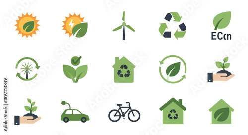 Eco-friendly icons set for sustainable living and green energy.