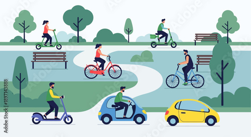 People cycling and driving in a park with trees and benches.