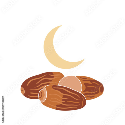 Vector illustration of dates fruit (kurma) with a crescent moon symbol. Perfect for iftar menu, Ramadan fasting, and healthy sunnah food concepts.