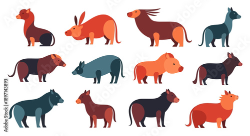 Collection of various animal silhouettes in different colors.