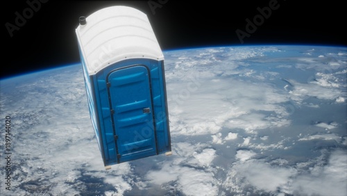 A portable restroom is suspended in space, surrounded by the stunning blue of Earth and wispy clouds below. This unusual sight captures a creative moment in an imaginative space journey.