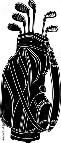 Golf bag silhouette with clubs and shoulder strap for professional sport equipment and outdoor leisure – Black and White Vector Illustration
