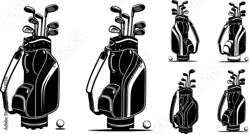 Golf bag silhouette with clubs and shoulder strap for professional sport equipment and outdoor leisure – Black and White Vector Illustration