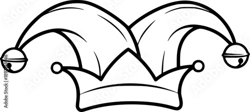 Jester hat silhouette with medieval bells for joker costume carnival party and whimsical entertainment – Black and White Vector Illustration