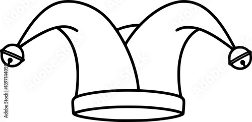 Jester hat silhouette with medieval bells for joker costume carnival party and whimsical entertainment – Black and White Vector Illustration