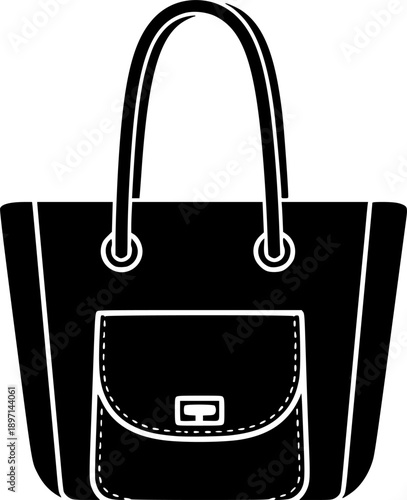 Fashion tote bag silhouette for modern shopping accessory and stylish feminine purse icon – Black and White Vector Illustration