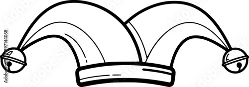 Jester hat silhouette with medieval bells for joker costume carnival party and whimsical entertainment – Black and White Vector Illustration