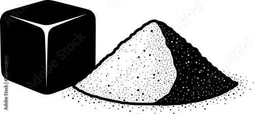 Sugar cube and granular pile silhouette for sweet food ingredient and baking kitchen sweetener – Black and White Vector Illustration