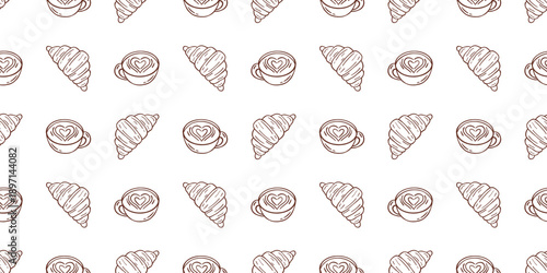 Vector seamless pattern with hand drawn croissant, cappuccino cup with latte art on white background. Cozy breakfast cafe print for bakery branding, packaging, textile, wrapping paper, kitchen design.
