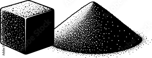 Sugar cube and granular pile silhouette for sweet food ingredient and baking kitchen sweetener – Black and White Vector Illustration