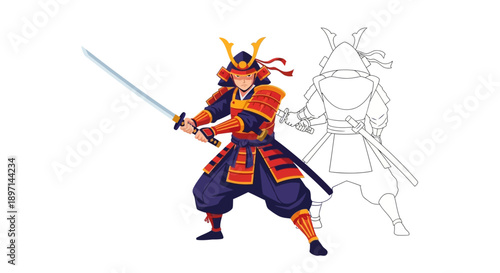Illustration of a samurai warrior in traditional armor holding a sword.