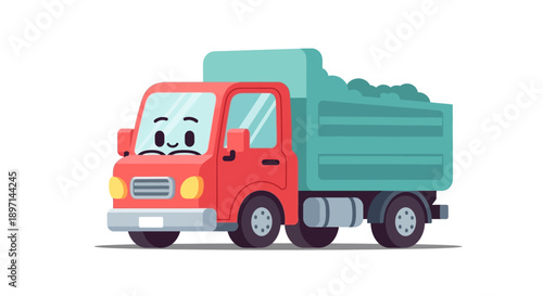 Cartoon garbage truck with a smiling face and green container.