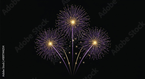 Purple and Gold Fireworks Trio on Black Background, Elegant Festive Celebration Display