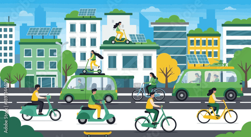 Sustainable city with eco-friendly transportation and green buildings.