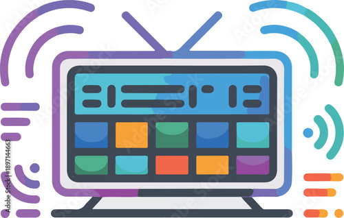 Colorful television with signal waves around it on white background