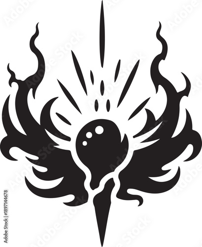 Mysterious black symbol with wings and flame