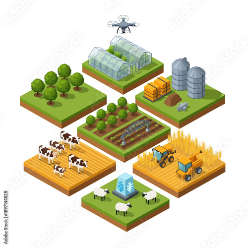 Isometric Farming Scene with Tractor and Livestock.