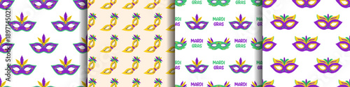 Vector set of seamless mardi gras mask pattern in purple, yellow, green colors. Festive carnival masquerade wrapping paper collection for party, parade, holiday decoration, textile and digital design.