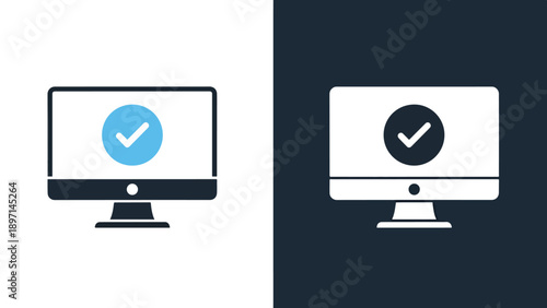 Computer monitor with checkmark icons - Line and glyph solid icon and logo template - Vector icon symbol for website - Icon vector - Blue icon vector. Clipart. Icon