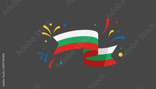Stylized waving ribbon in Bulgarian flag colors with festive confetti and fireworks elements on a dark background.