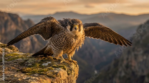 A majestic falcon (baaz) perched on a rocky cliff, sharp intense eyes, detailed feathers, powerful wings slightly spread, golden sunlight hitting from the side, ultra-realistic wildlife photography, s
