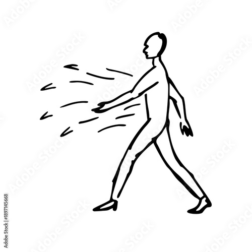 Hand-drawn silhouette of a man walking with flowing elements, abstract movement