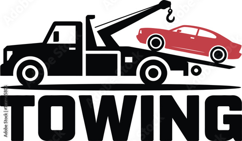 Flatbed tow truck with a red car being transported, illustrating vehicle recovery service