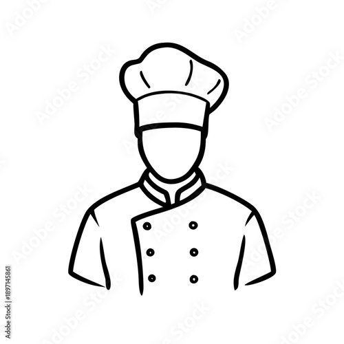 Hand-drawn chef in tall toque hat and double-breasted uniform illustration
