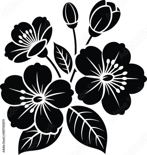 Stylized black silhouette of blossoming floral branch with leaves and closed buds