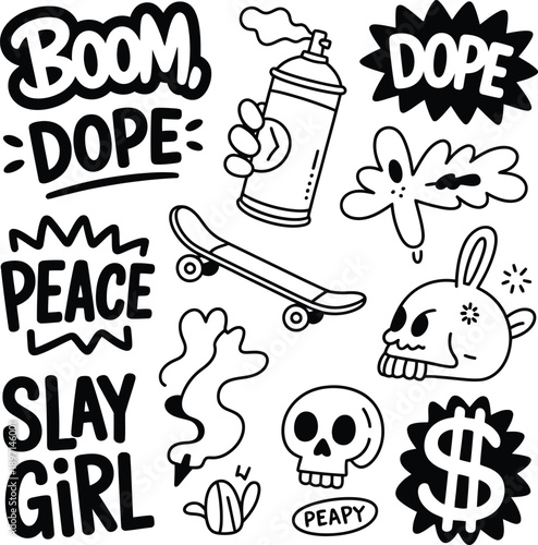 Dynamic street art doodle elements reflecting urban youth culture and edgy style