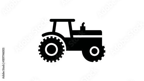 Simple black tractor icon on white background, agricultural farm vehicle silhouette, heavy machinery symbol.