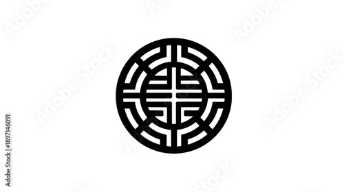 Elegant black geometric circular symbol icon with intricate maze pattern. Abstract decorative element on white background.