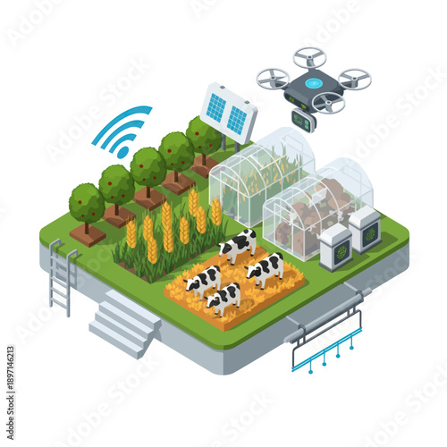 Futuristic Farm with Drone and Cows.