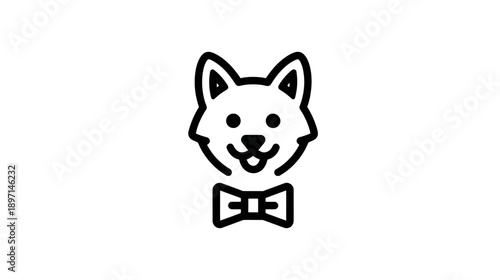 Cute Dog Head Icon with Bow Tie - Minimalist Black Line Art Vector Illustration of a Friendly Puppy Character