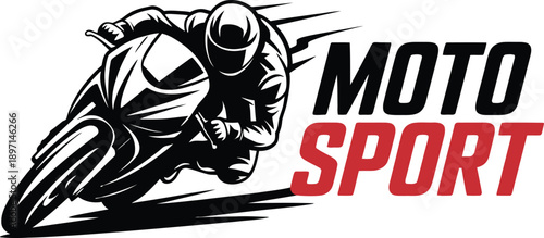 Dynamic motorcyclist racing design with bold 'moto sport' typography for speed enthusiasts