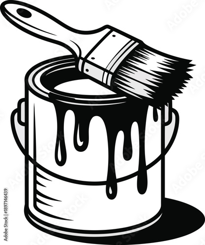 Simple monochrome illustration featuring a paint can with dripping paint and a brush for home improvement