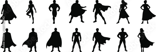 Assortment of black silhouette figures including superheroes with capes and women in dresses on a white background