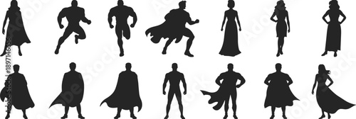 Collection of black silhouette figures of superheroes and women in various poses against a white background