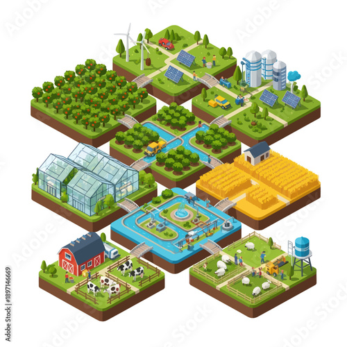 Isometric Illustration of Various Agricultural Farms.