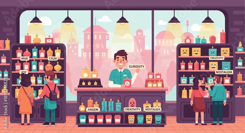 Friendly male shop assistant serving customers in a modern store.