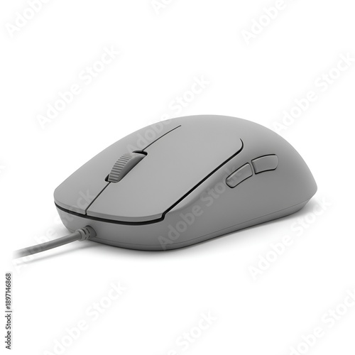 A grey computer mouse lies still on a flat surface viewed from slightly above