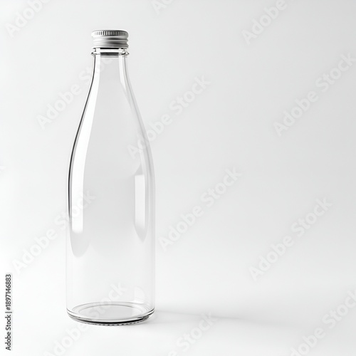 Clear glass bottle with silver cap standing alone on white surface viewed from the front