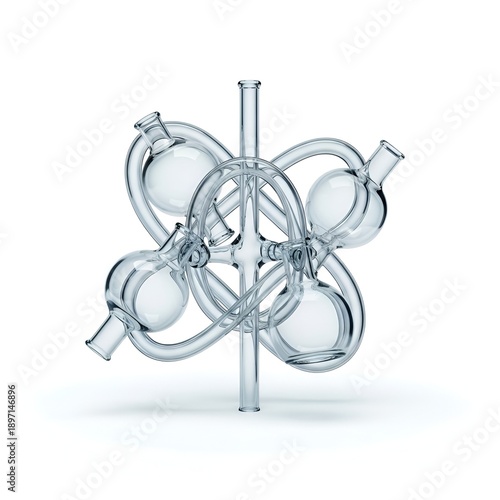 A 3D rendering of intertwined glass laboratory equipment on a metallic stand