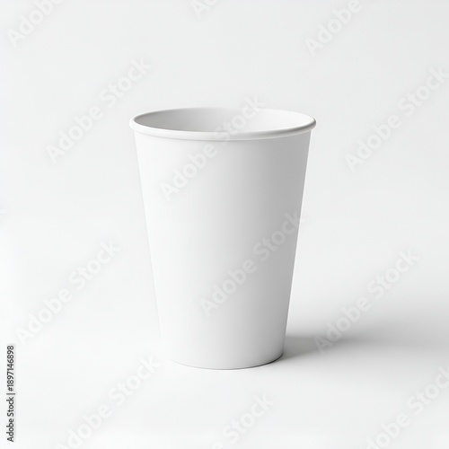 A simple white disposable cup on a plain surface viewed from the front with a subtle shadow