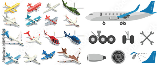 Commercial aircraft collection with aviation maintenance and engine parts set